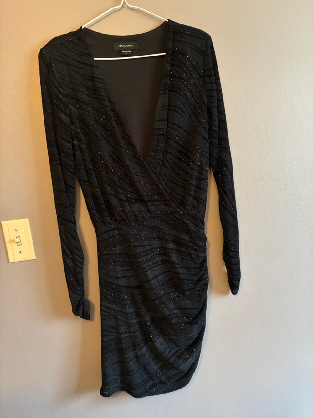 Marciano Black Glitter Faux-Wrap Long-Sleeve Dress